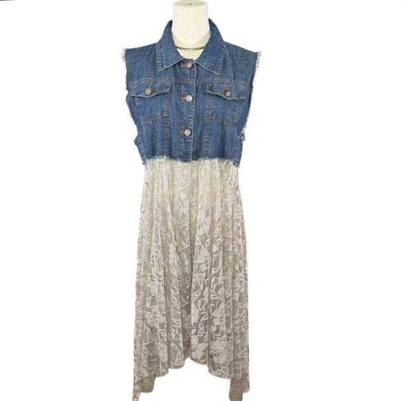 Origami Denim & Lace Vest | Cowgirl Boho Western Layering Piece | S/M - Picture 2 of 10